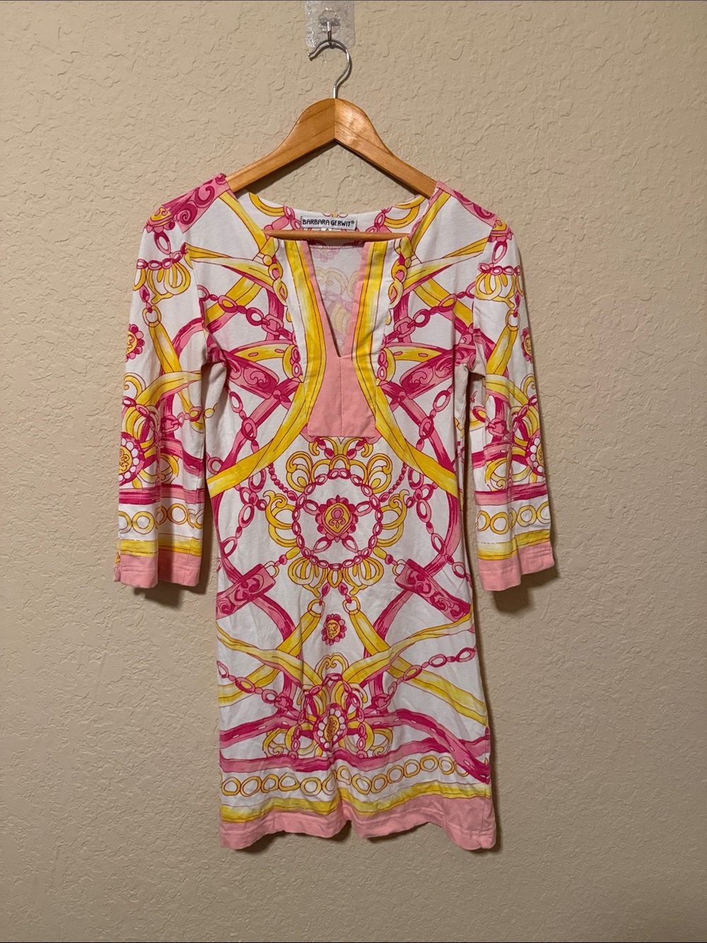 Barbara Gerwit Pink & Yellow Printed Long Sleeve V-Neck Dress